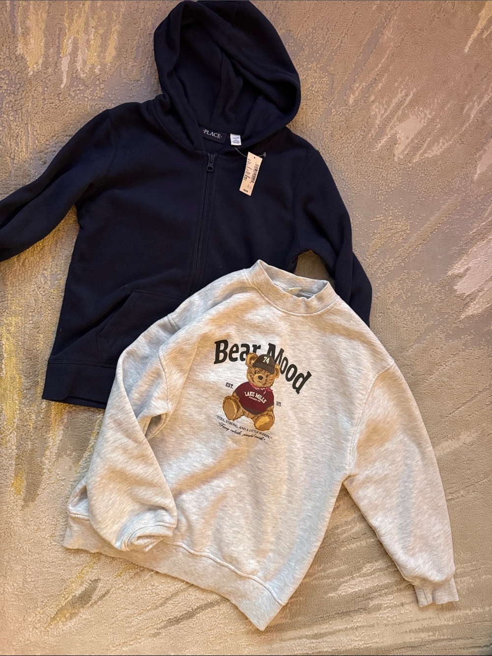 The Children's Place Navy Zip Hoodie + Gray 'Bear Mood' Crewneck Sweatshirt Set